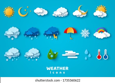 Paper cut weather icons set on blue background. Vector illustration. White clouds, dew on leaves, fog sign, day and night for forecast design. Winter and summer symbols, sun and thunderstorm stickers.