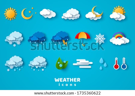 Paper cut weather icons set on blue background. Vector illustration. White clouds, dew on leaves, fog sign, day and night for forecast design. Winter and summer symbols, sun and thunderstorm stickers.