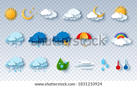 Paper cut weather icons set on transparent background. Vector illustration. White clouds, dew on leaves, fog sign, day and night for forecast design. Sun and thunderstorm stickers.