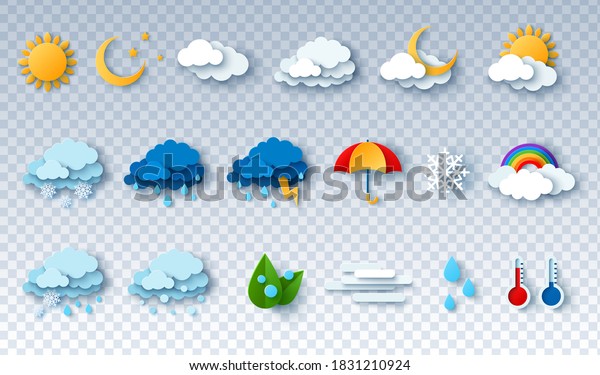 Paper\
cut weather icons set on transparent background. Vector\
illustration. White clouds, dew on leaves, fog sign, day and night\
for forecast design. Sun and thunderstorm\
stickers.