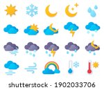 Paper cut weather icons. Symbols of rain, rainbow, sun, hot and cold temperature, winter snow and cloud. Meteo forecast pictogram vector set. Rain weather, paper craft meteorology icons illustration