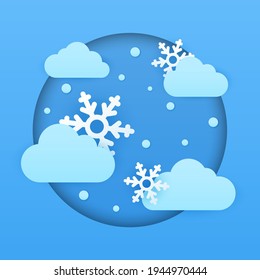 Paper cut weather postcard concept. Snow. Cold clouds and snowflakes. Vector cartoon flat illustration. Can be used on websites and web banners.