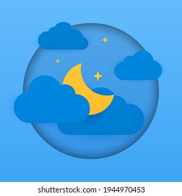 El concepto de postal del tiempo de corte de papel. Noche. Las estrellas y la luna alrededor de las nubes nocturnas. Ilustración plana de dibujos animados. Se puede usar en sitios web y banners web.
