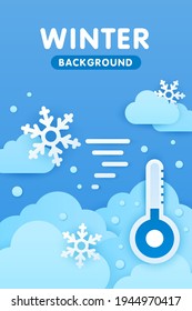 Paper cut weather vertical poster concept. Winter background. Landscape. Tremometer, snowflakes, fluffy clouds and snow on a blue background. Can be used in applications on a smartphone. Winter mood.