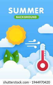 Paper cut weather vertical poster concept. Summer background. Scenery. Tremometer, sun, fluffy clouds and green leaves on a blue background. Can be used in applications on a smartphone. Summer mood.