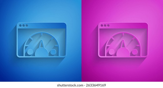 Paper cut Web analytics information and development website statistic icon isolated on blue and purple background. Analysis, management, marketing, research. Paper art style. Vector