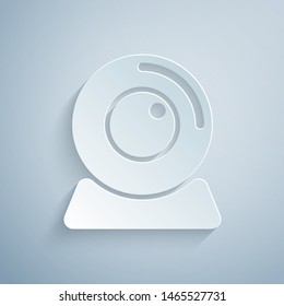 Paper cut Web camera icon isolated on grey background. Chat camera. Webcam icon. Paper art style. Vector Illustration