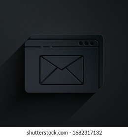 Paper cut Website and envelope, new message, mail icon isolated on black background. Usage for e-mail newsletters, headers, blog posts. Paper art style. Vector Illustration