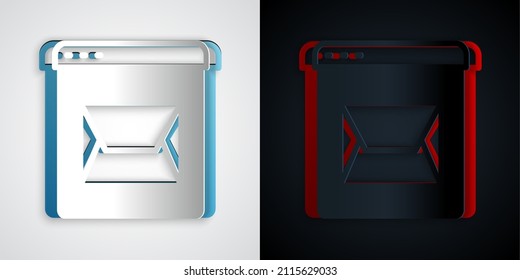 Paper cut Website and envelope, new message, mail icon isolated on grey and black background. Usage for e-mail newsletters, headers, blog posts. Paper art style. Vector