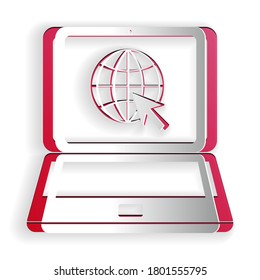 Sitio web de corte de papel en el icono de la pantalla del portátil aislado en fondo blanco. Portátil con globo y cursor. Símbolo de la web a nivel mundial. Estilo de arte de papel. Vector.