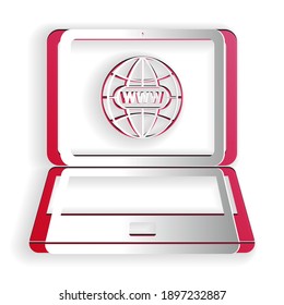 Sitio web de corte de papel en el icono de la pantalla del portátil aislado en fondo blanco. Globo en la pantalla del símbolo del portátil. Símbolo de la web a nivel mundial. Estilo de arte de papel. Vector.