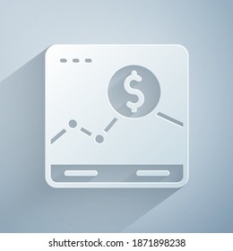 Paper cut Website with stocks market growth graphs and money icon isolated on grey background. Monitor with stock charts arrow on screen. Paper art style. Vector