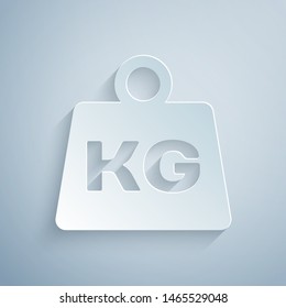Paper cut Weight icon isolated on grey background. Kilogram weight block for weight lifting and scale. Mass symbol. Paper art style. Vector Illustration
