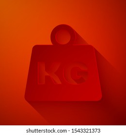 Paper cut Weight icon isolated on red background. Kilogram weight block for weight lifting and scale. Mass symbol. Paper art style. Vector Illustration