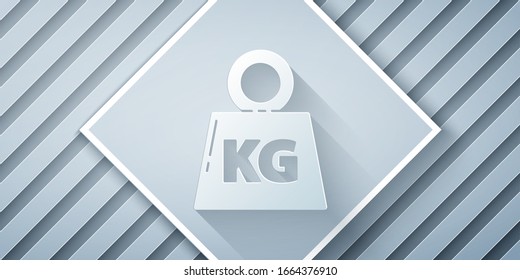 Paper cut Weight icon isolated on grey background. Kilogram weight block for weight lifting and scale. Mass symbol. Paper art style. Vector Illustration