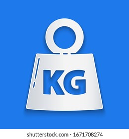 Paper cut Weight icon isolated on blue background. Kilogram weight block for weight lifting and scale. Mass symbol. Paper art style. Vector Illustration