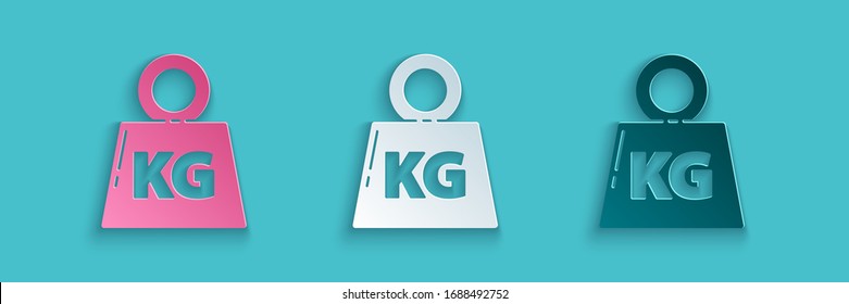 Paper cut Weight icon isolated on blue background. Kilogram weight block for weight lifting and scale. Mass symbol. Paper art style. Vector Illustration