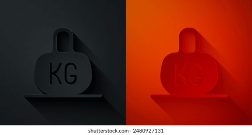 Icono de peso aislado sobre fondo negro y rojo. Bloque de peso de kilogramos para levantamiento de pesas y báscula. Símbolo de masa. Estilo de arte de papel. Vector