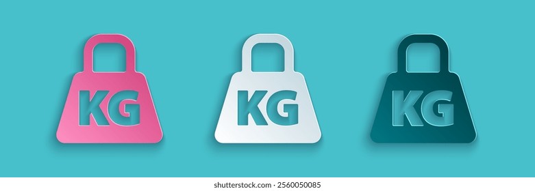 Paper cut Weight icon isolated on blue background. Kilogram weight block for weight lifting and scale. Mass symbol. Paper art style. Vector Illustration