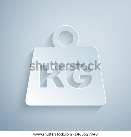 Paper cut Weight icon isolated on grey background. Kilogram weight block for weight lifting and scale. Mass symbol. Paper art style. Vector Illustration