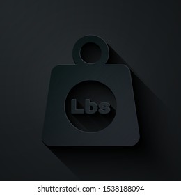 Paper cut Weight pounds icon isolated on black background. Pounds weight block for weight lifting and scale. Mass symbol. Paper art style. Vector Illustration