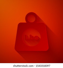 Paper cut Weight pounds icon isolated on red background. Pounds weight block for weight lifting and scale. Mass symbol. Paper art style. Vector Illustration