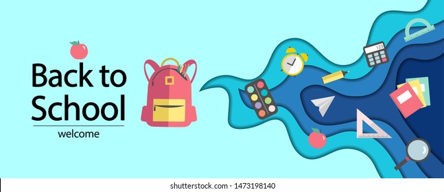Paper cut, welcome back to school vector banner with school supplies, backpack in polygonal trendy origami, craft,cut paper style. Back to school sale banner, poster, flat design colorful, vector, 3d.