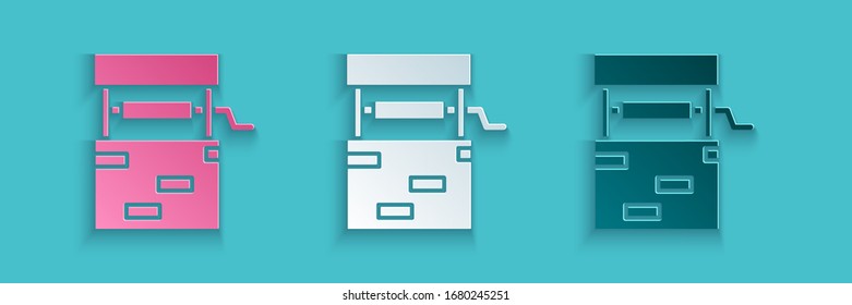 Icono de corte de papel bien aislado en fondo azul. Estilo de arte de papel. Ilustración vectorial