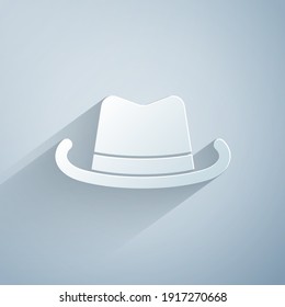 Paper cut Western cowboy hat icon isolated on grey background. Paper art style. Vector