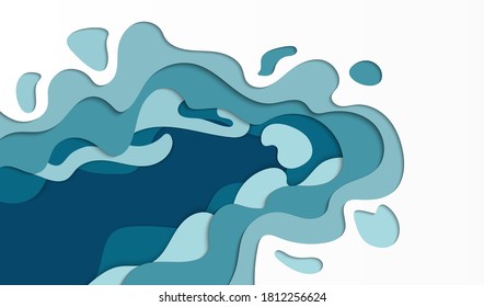 El papel cortado ondas húmedas fondo azul. Vector de diseño moderno de diseño de paisaje acuático.