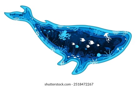 Silueta de ballena cortada en papel con paisaje submarino y peces submarinos, Anuncio de Vector. Vida marina o oceánica de animales submarinos, medusas y pulpos con tortuga en la silueta de la ballena de pergamino