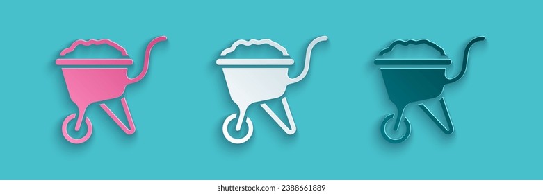 Paper cut Wheelbarrow with dirt icon isolated on blue background. Tool equipment. Agriculture cart wheel farm. Paper art style. Vector