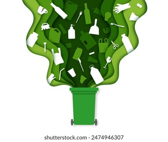 Paper cut wheelie bin, trash can, waste council bin with garbage and plastic rubbish. 3d vector papercut for waste reuse and recycle. Save environment origami style green layered frame with trash flow