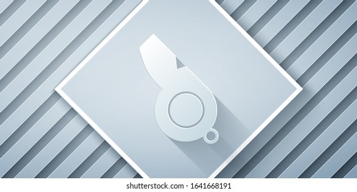 Paper cut Whistle icon isolated on grey background. Referee symbol. Fitness and sport sign. Paper art style. Vector Illustration