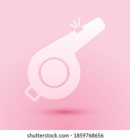 Paper cut Whistle icon isolated on pink background. Referee symbol. Fitness and sport sign. Paper art style. Vector.
