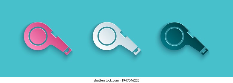 Paper cut Whistle icon isolated on blue background. Referee symbol. Fitness and sport sign. Paper art style. Vector