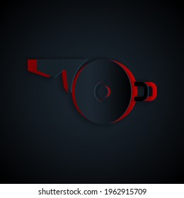 Paper cut Whistle icon isolated on black background. Referee symbol. Fitness and sport sign. Paper art style. Vector