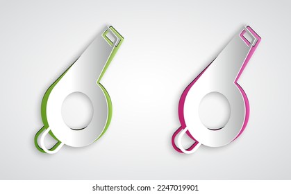 Paper cut Whistle icon isolated on grey background. Referee symbol. Fitness and sport sign. Paper art style. Vector