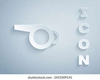 Paper cut Whistle icon isolated on grey background. Referee symbol. Fitness and sport sign. Paper art style. Vector