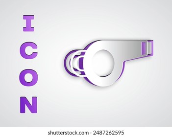 Paper cut Whistle icon isolated on grey background. Referee symbol. Fitness and sport sign. Paper art style. Vector