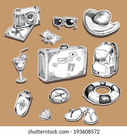 paper cut whit Travel set. Hand drawn illustrations
