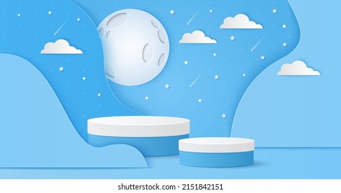 Paper cut of white and blue color cylinder podium for products display presentation. Moon with clouds and shooting star for baby boy shower card, banner. Vector illustration