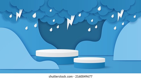 Paper cut of white and blue color cylinder podium for products display presentation with clouds, raindrops and lightning. Vector illustration