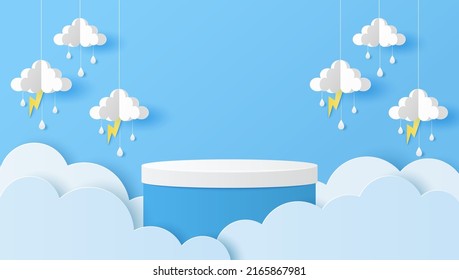 Cortado de papel de podio de cilindro de color blanco y azul para los productos de presentación con nubes, gotas de lluvia y relámpagos. Ilustración del vector