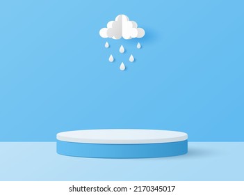 Paper cut of white and blue color cylinder podium for products display presentation with clouds and raindrops. Vector illustration