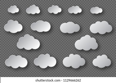 Paper cut white clouds collection. 3d effect with shadow. Decorative elements isolated on transparent background. Vector illustration.