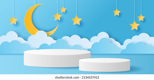 Paper cut of white color cylinder podium for products display presentation with crescent moon and stars, copy space for baby's