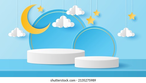 Paper cut of white color cylinder podium for products display presentation with crescent moon and stars, copy space for baby's