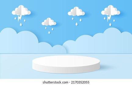 Paper cut of white cylinder podium for products display presentation with clouds, raindrops and lightning. Vector illustration