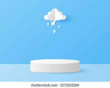 Paper cut of white cylinder podium for products display presentation with clouds, raindrops and lightning. Vector illustration